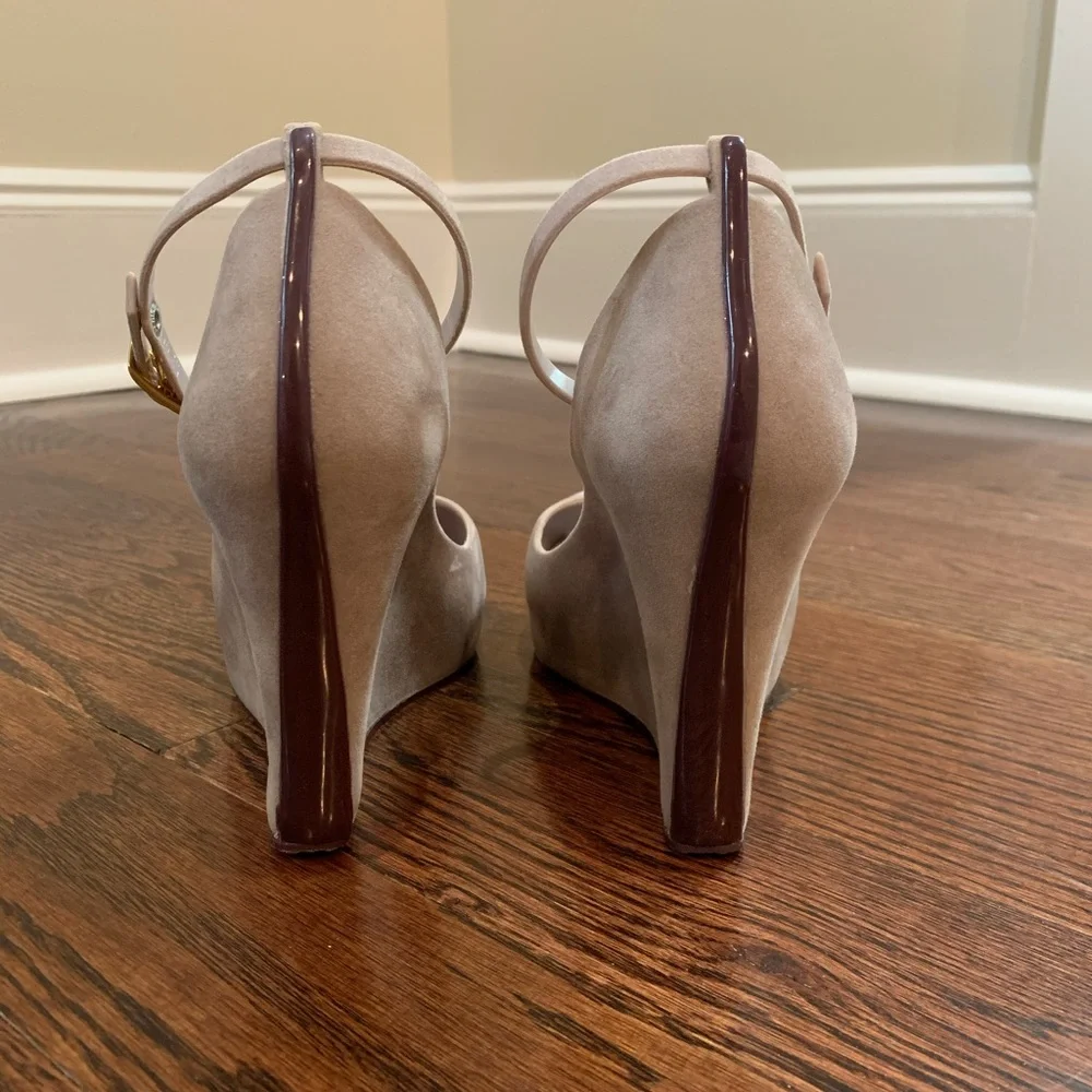 Melissa Beige/Taupe Suede Peep-Toe Wedge Sandals with Ankle Strap